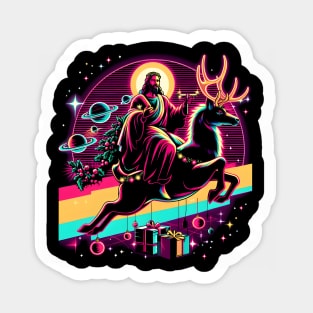 COOL JESUS RIDING RAINDEER RETRO 80'S NEON VIBE Sticker